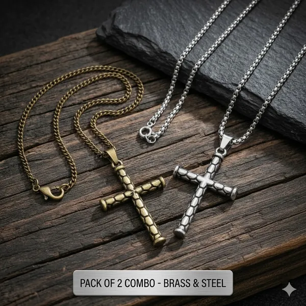 Gold_Silver_Stainless_Steel_Textured_Cross_Pendant_Necklace_Combo_For_Men