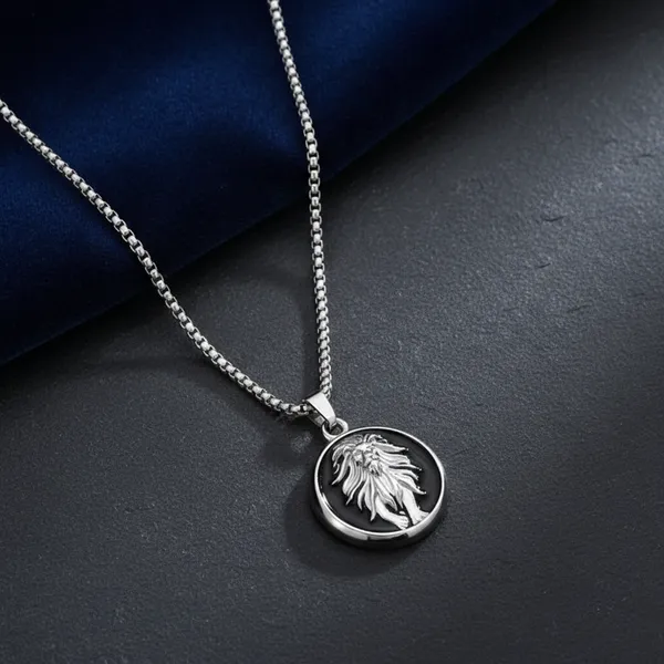 Anti_Tarnish_Silver_And_Black_Lion_Medallion_Pendant_Necklace_With_Stainless_Steel_Box_Chain_For_Men_And_Boys