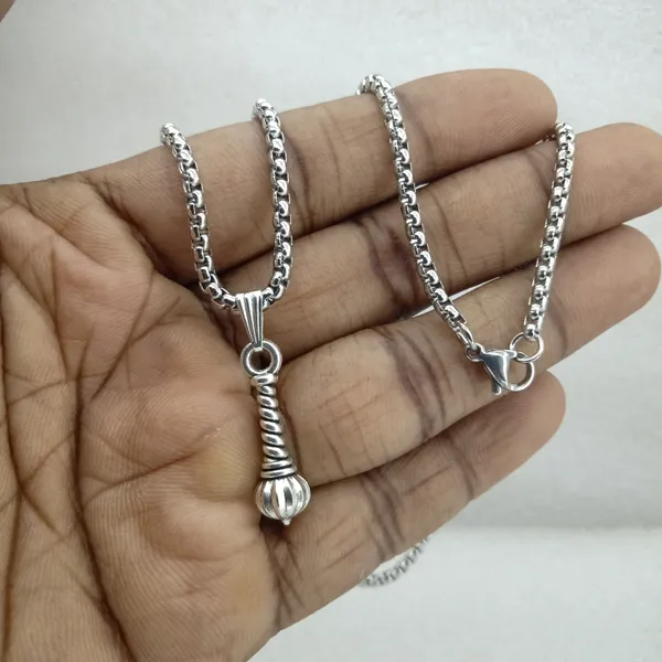 Gada_Pendant_Necklace_For_Men_Pack_Of_2_Combo_Set_Stainless_Steel_Anti_Tarnish_Silver_Finish_Hanuman_Bajrangbali_Vishnu_Divine_Weapon_Locket_Spiritual_Strength_Protection_Jewellery