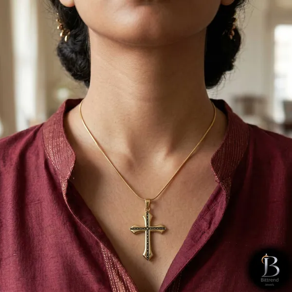 Gold_Plated_Gothic_Style_Cross_Pendant_Necklace_With_Black_Dotted_Pattern_For_Women_Elegant_Classic_Faith_Symbol