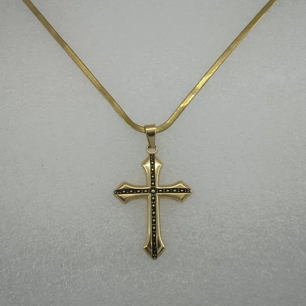 Gold_Stainless_Steel_Gothic_Black_Dotted_Cross_Pendant_Necklace_For_Men