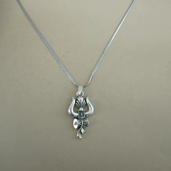 Lord_Shiva'S_Trishul_Damru_Pendant_Necklace_For_Women_Stainless_Steel_Anti_Tarnish_Oxidised_Silver_Finish_Mahadev_Locket_With_Snake_Chain_Antique_Spiritual_Devotional_Jewellery_Religious_Gift