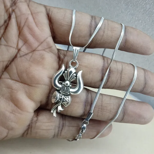 Lord_Shiva'S_Trishul_Damru_Pendant_Necklace_For_Women_Stainless_Steel_Anti_Tarnish_Oxidised_Silver_Finish_Mahadev_Locket_With_Snake_Chain_Antique_Spiritual_Devotional_Jewellery_Religious_Gift