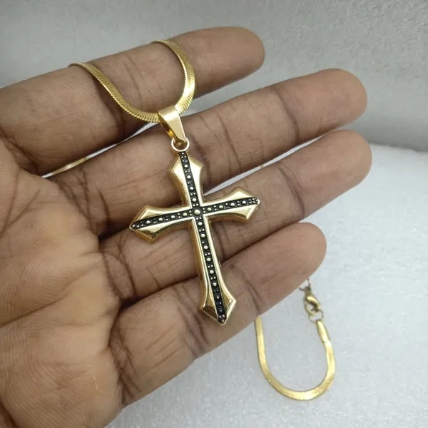Gold_Stainless_Steel_Gothic_Black_Dotted_Cross_Pendant_Necklace_For_Men