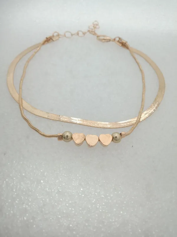 Double_Layer_Heart_Charm_Herringbone_Anklet_For_Women_Girls_Anti_Tarnish_Gold_Tone_Flat_Snake_Chain_Ankle_Bracelet_With_Beads_Adjustable_Minimalist_Fashion_Jewellery