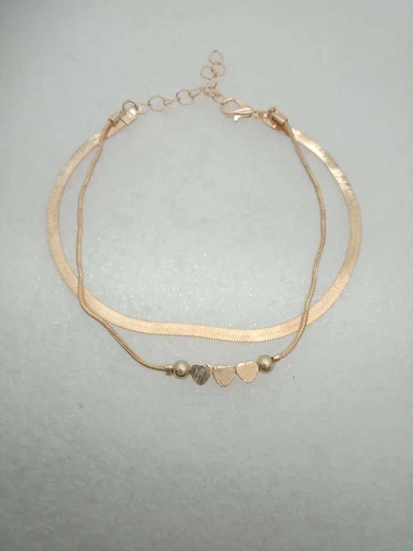 Double_Layer_Heart_Charm_Herringbone_Anklet_For_Women_Girls_Anti_Tarnish_Gold_Tone_Flat_Snake_Chain_Ankle_Bracelet_With_Beads_Adjustable_Minimalist_Fashion_Jewellery