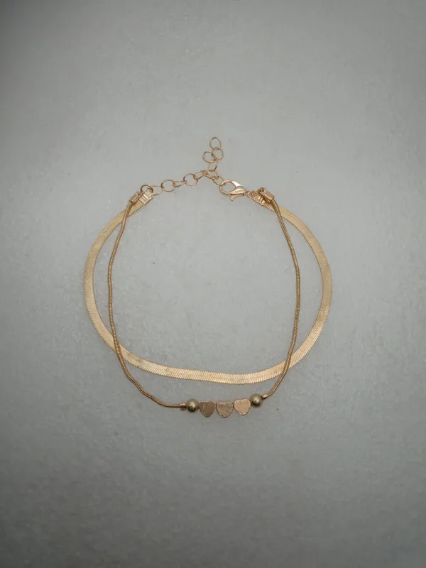 Double_Layer_Heart_Charm_Herringbone_Anklet_For_Women_Girls_Anti_Tarnish_Gold_Tone_Flat_Snake_Chain_Ankle_Bracelet_With_Beads_Adjustable_Minimalist_Fashion_Jewellery