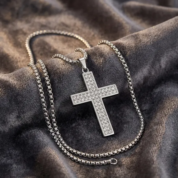 Silver_Stainless_Steel_Crystal_Cross_Pendant_Necklace_For_Men