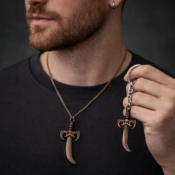 Antique_Bronze_Curved_Sword_Pendant_Necklace_And_Matching_Keychain_For_Men_And_Boys_Anti_Tarnish_Set