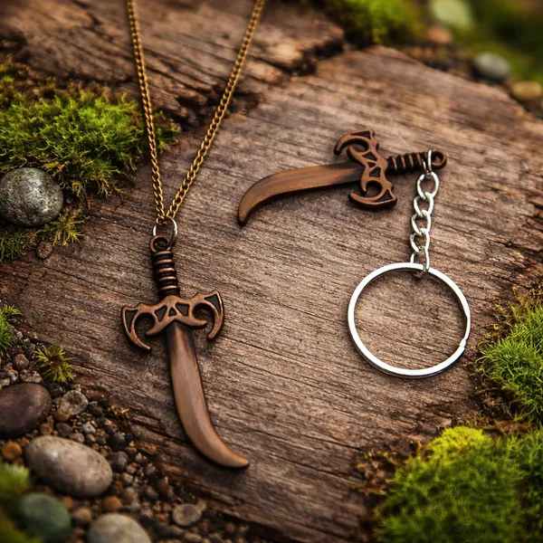 Antique_Bronze_Curved_Sword_Pendant_Necklace_And_Matching_Keychain_For_Men_And_Boys_Anti_Tarnish_Set