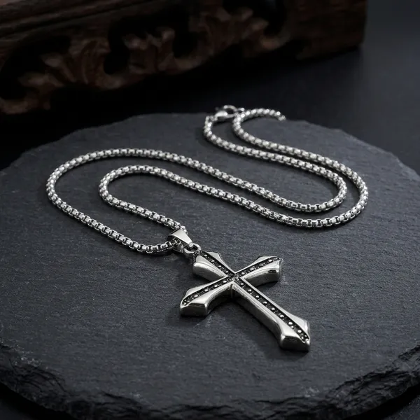 Silver_Stainless_Steel_Gothic_Black_Dotted_Cross_Pendant_Necklace_For_Men