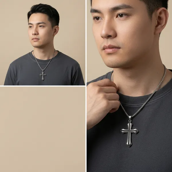 Silver_Stainless_Steel_Gothic_Black_Dotted_Cross_Pendant_Necklace_For_Men