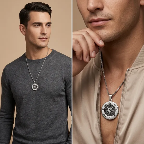 Compass_Pendant_Necklace_For_Men_/_Boys_Symbol_Of_Direction_And_Strength_Silver_Tone_Anti_Tarnish_Stainless_Steel_Chain_Jewelry
