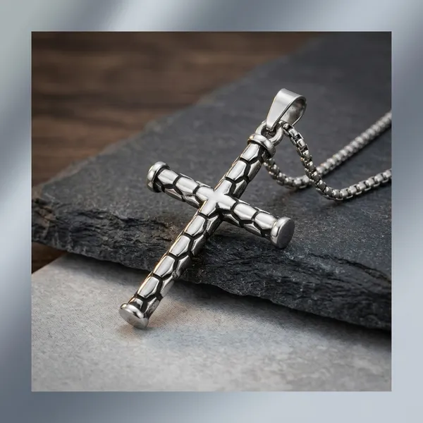 Silver_Stainless_Steel_Textured_Cobblestone_Cross_Pendant_Necklace_For_Men
