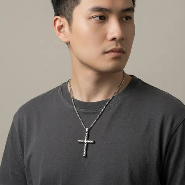 Silver_Stainless_Steel_Textured_Cobblestone_Cross_Pendant_Necklace_For_Men