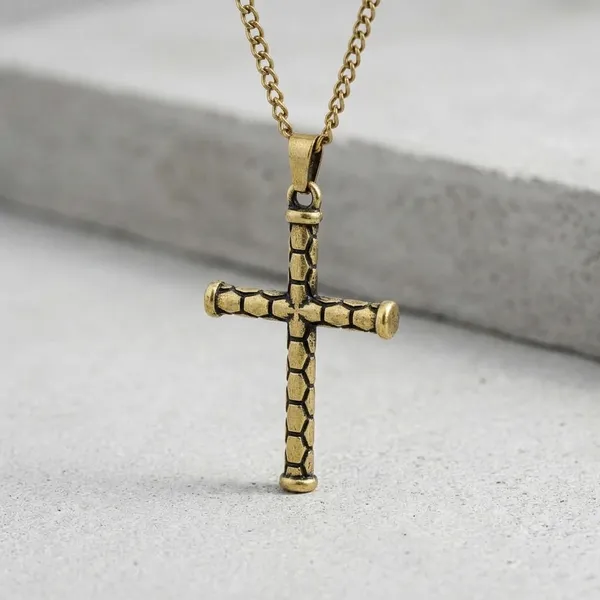 Gold_Stainless_Steel_Textured_Cobblestone_Cross_Pendant_Necklace_For_Men