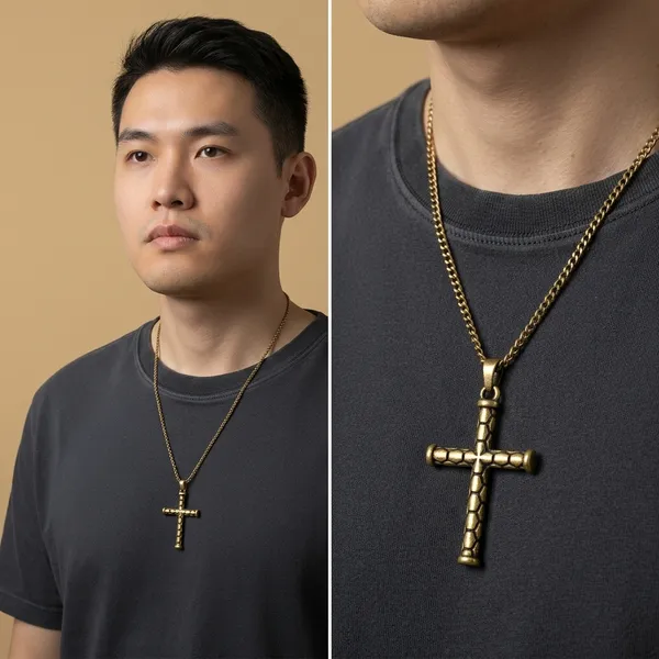 Gold_Stainless_Steel_Textured_Cobblestone_Cross_Pendant_Necklace_For_Men