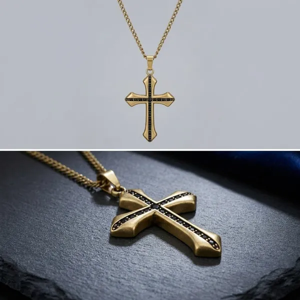 Gold_Plated_Gothic_Style_Cross_Pendant_Necklace_With_Black_Dotted_Pattern_For_Women_Elegant_Classic_Faith_Symbol