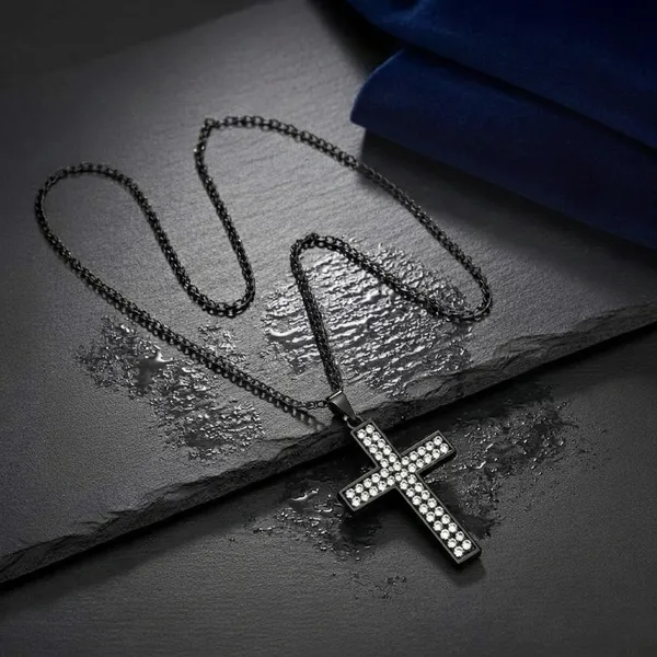 Black_Stainless_Steel_Cubic_Zirconia_Cross_Pendant_Necklace_For_Men