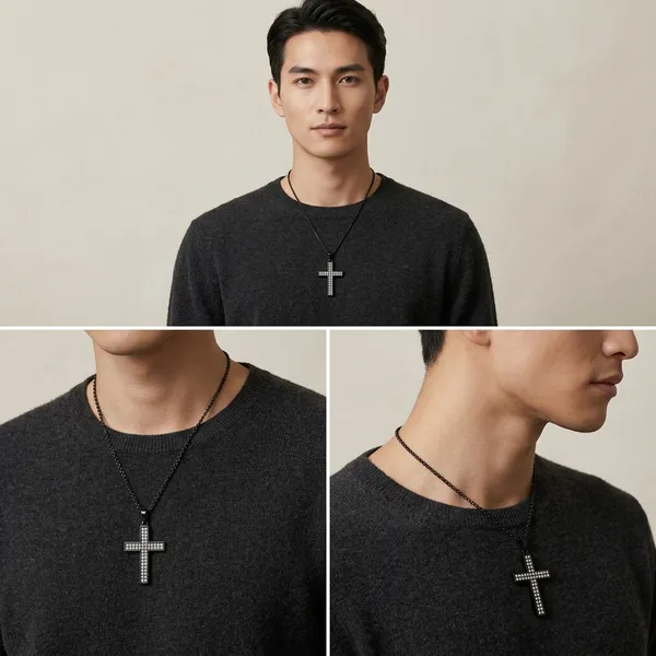 Black_Stainless_Steel_Cubic_Zirconia_Cross_Pendant_Necklace_For_Men