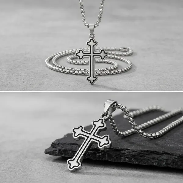 Silver_Stainless_Steel_Black_Inlay_Cross_Pendant_Necklace_For_Men