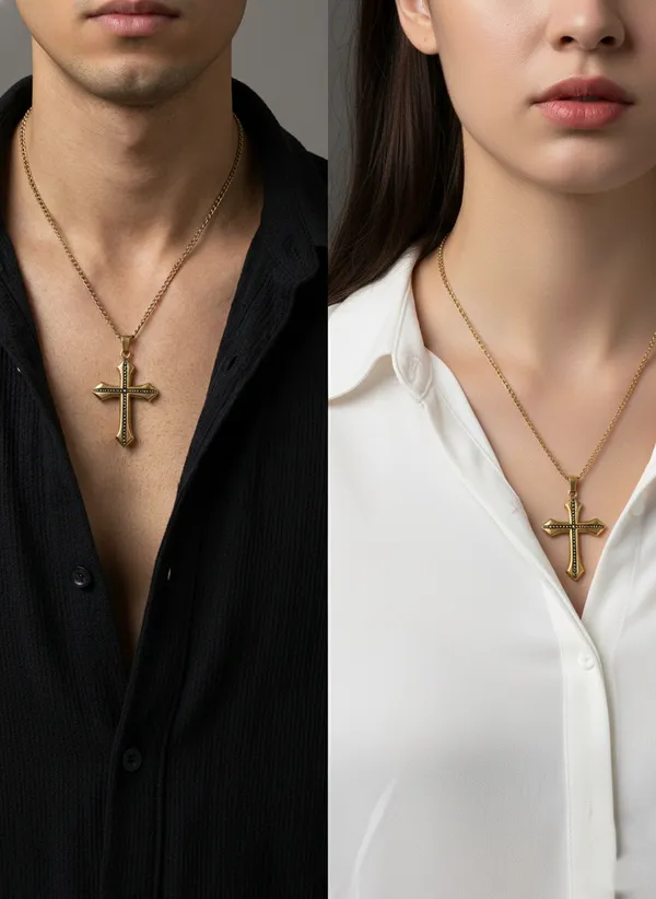 Gold_Plated_Gothic_Style_Cross_Pendant_Necklace_With_Black_Dotted_Pattern_For_Women_Elegant_Classic_Faith_Symbol