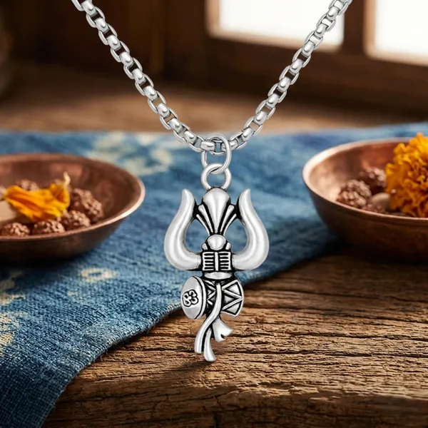 Silver_Stainless_Steel_Trishul_Om_Damaru_Matching_Pendant_Set_For_Unisex