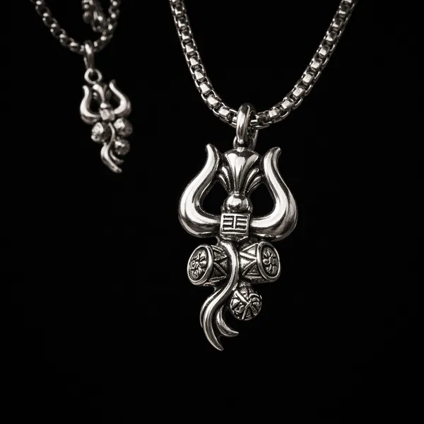 Silver_Stainless_Steel_Trishul_Om_Damaru_Matching_Pendant_Set_For_Unisex