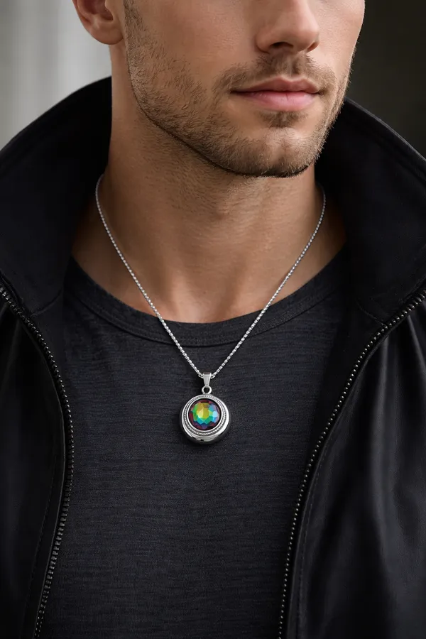 Silver_Anti_Tarnish_Stainless_Steel_Rainbow_Crystal_Oval_Pendant_Necklace_With_Box_Chain_For_Men