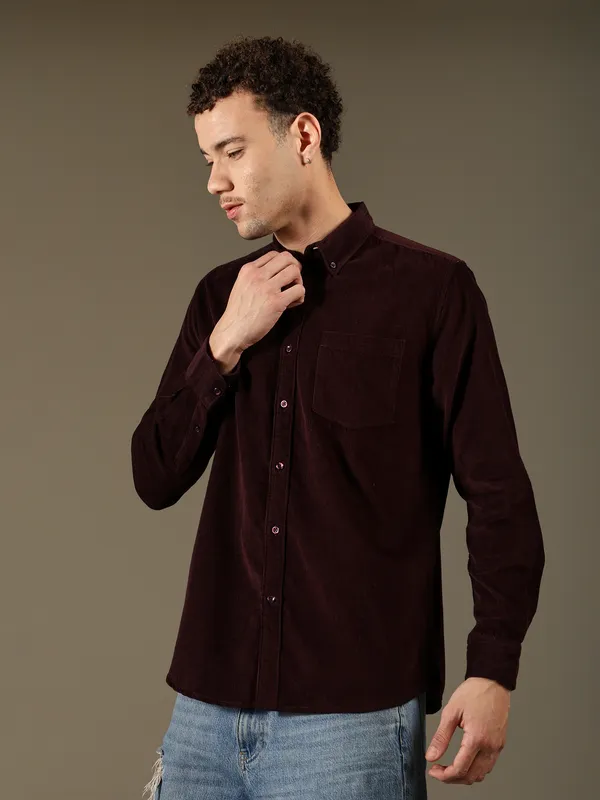 Textured_Maroon_Cotton_Shirt_For_Men