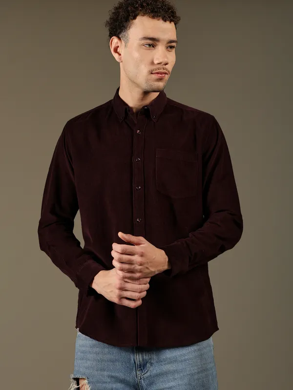Textured_Maroon_Cotton_Shirt_For_Men