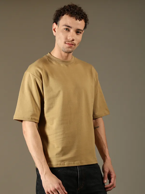 Khaki_Cotton_T-Shirt_For_Men