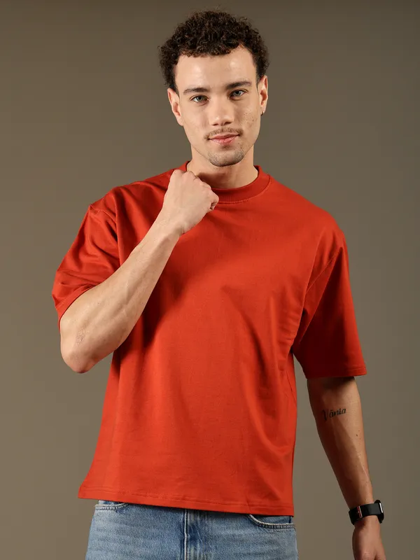 Brick_Red_Cotton_T-Shirt_For_Men