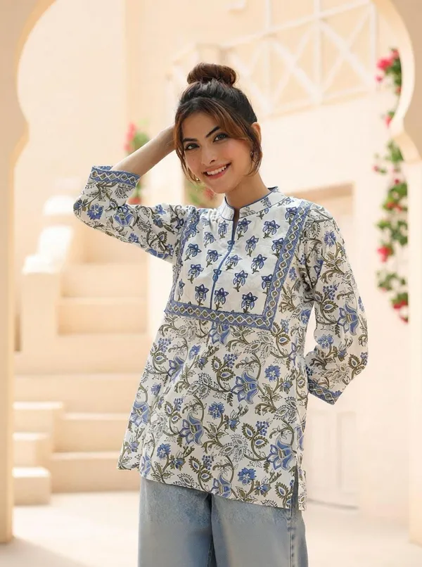 White_Viscose_Rayon_Printed_Regular_Short_Kurti_For_Women