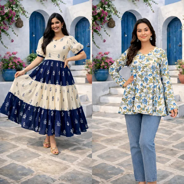 White_and_Cream_And_Navy_Blue__Floral_Printed_Rayon_Trendy_Top_and__Puff_Sleeves_Midi_Dress_For_Women