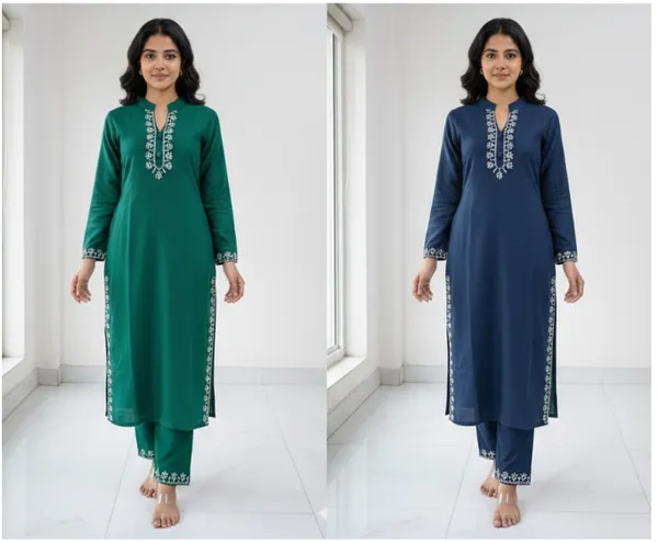 Dark_Blue_and_Green_Cotton_Blend_Embroidered_Regular_Kurta_Set_For_Women
