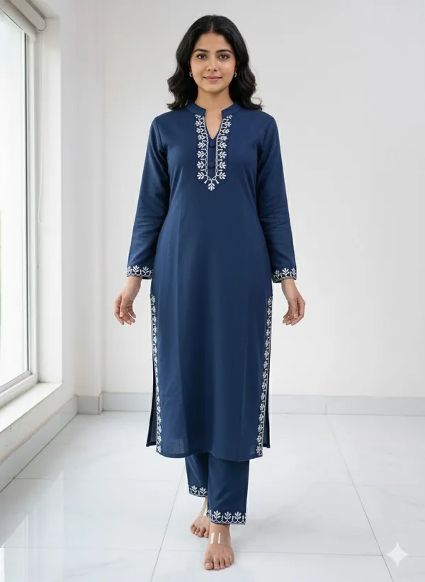 Dark_Blue_and_Green_Cotton_Blend_Embroidered_Regular_Kurta_Set_For_Women