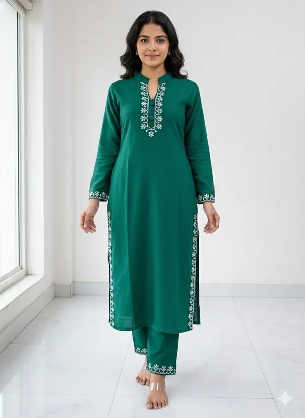 Green_Wool_Embroidered_Regular_Kurta_Set_For_Women