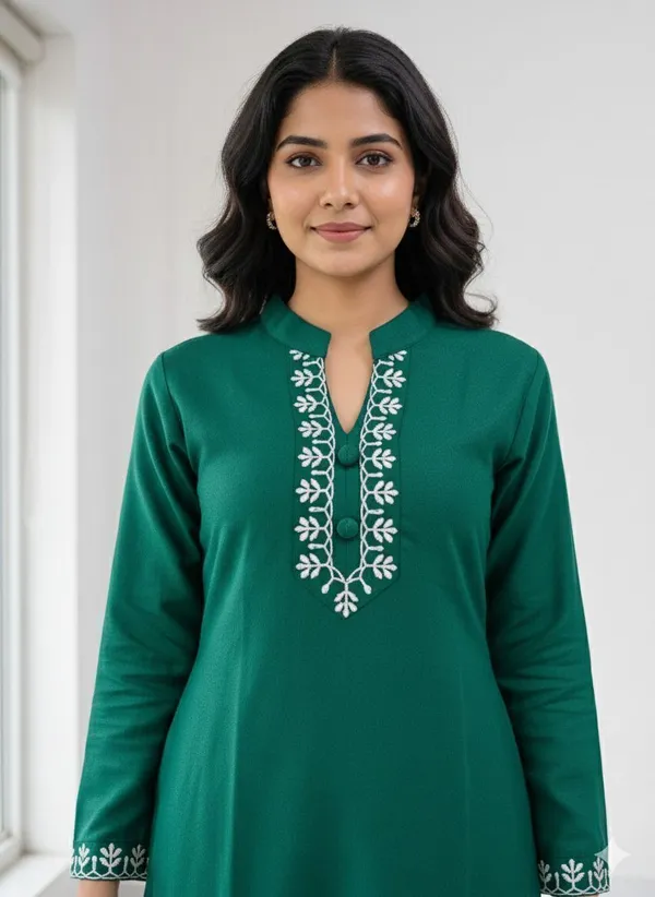Green_Wool_Embroidered_Regular_Kurta_Set_For_Women