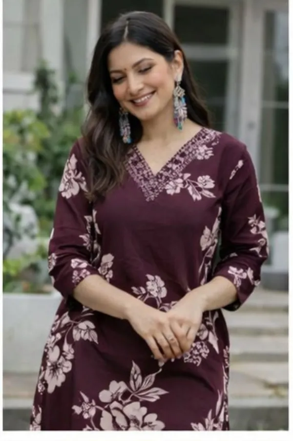 Brown_Pure_Cotton_Floral_Print_Regular_Kurta_Set_For_Women