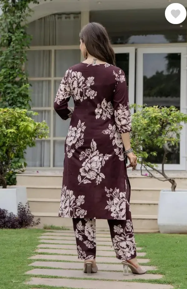 Brown_Pure_Cotton_Floral_Print_Regular_Kurta_Set_For_Women