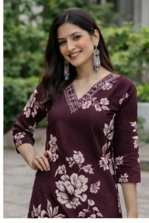 Brown_Pure_Cotton_Floral_Print_Regular_Kurta_Set_For_Women