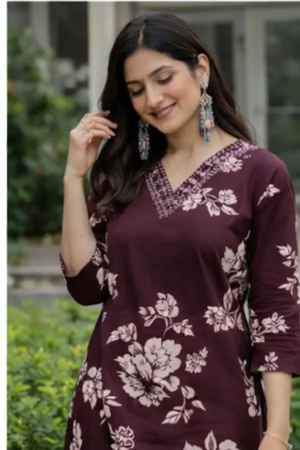 Brown_Pure_Cotton_Floral_Print_Regular_Kurta_Set_For_Women