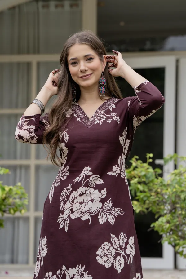 Brown_Pure_Cotton_Floral_Print_Regular_Kurta_Set_For_Women