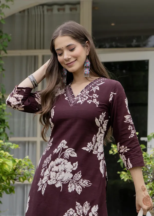 Brown_Pure_Cotton_Floral_Print_Regular_Kurta_Set_For_Women