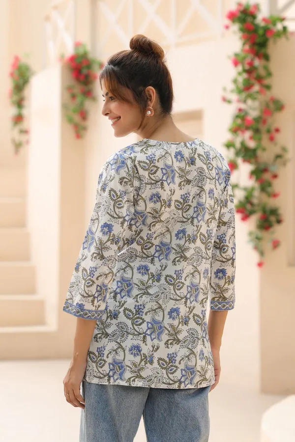 White_Viscose_Rayon_Floral_Print_And_Printed_Regular_Short_Kurti_For_Women
