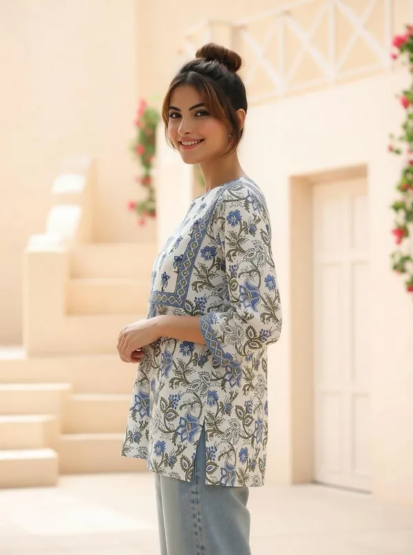 White_Viscose_Rayon_Floral_Print_And_Printed_Regular_Short_Kurti_For_Women