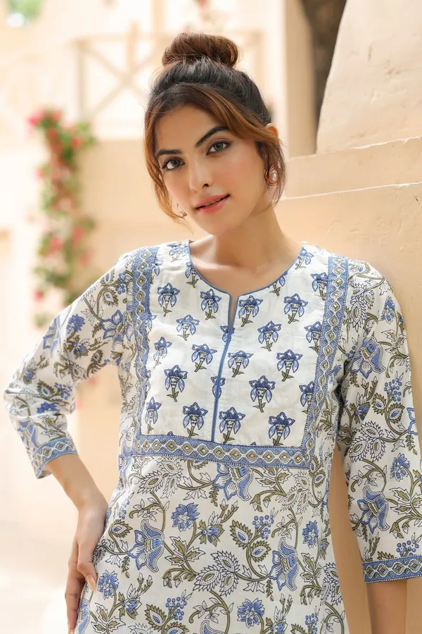 White_Viscose_Rayon_Floral_Print_And_Printed_Regular_Short_Kurti_For_Women