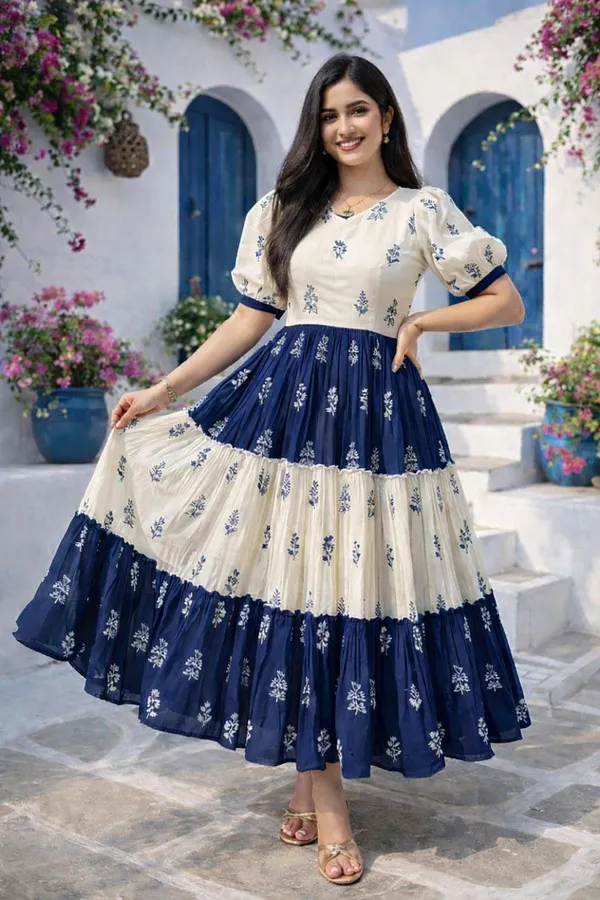 White_and_Cream_And_Navy_Blue__Floral_Printed_Rayon_Trendy_Top_and__Puff_Sleeves_Midi_Dress_For_Women