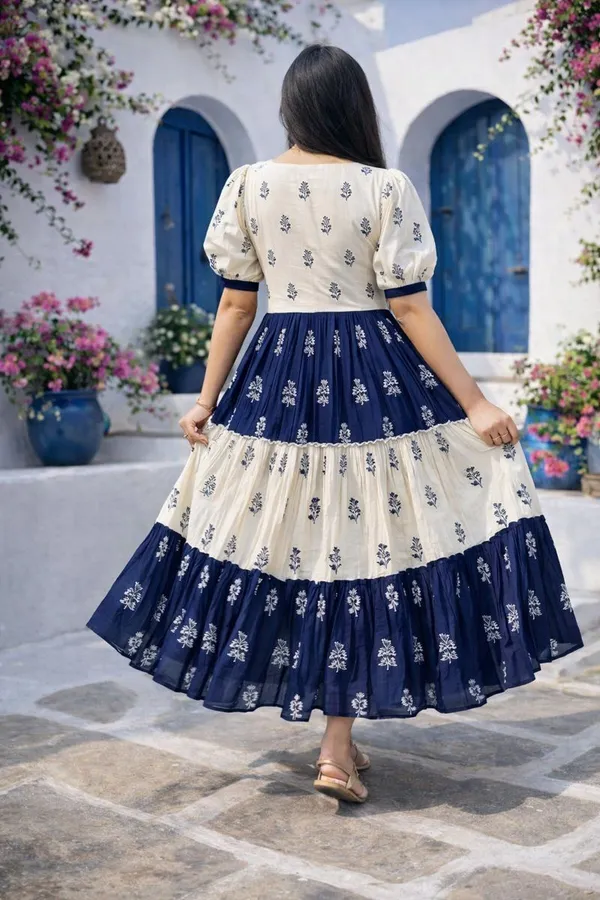 White_and_Cream_And_Navy_Blue__Floral_Printed_Rayon_Trendy_Top_and__Puff_Sleeves_Midi_Dress_For_Women
